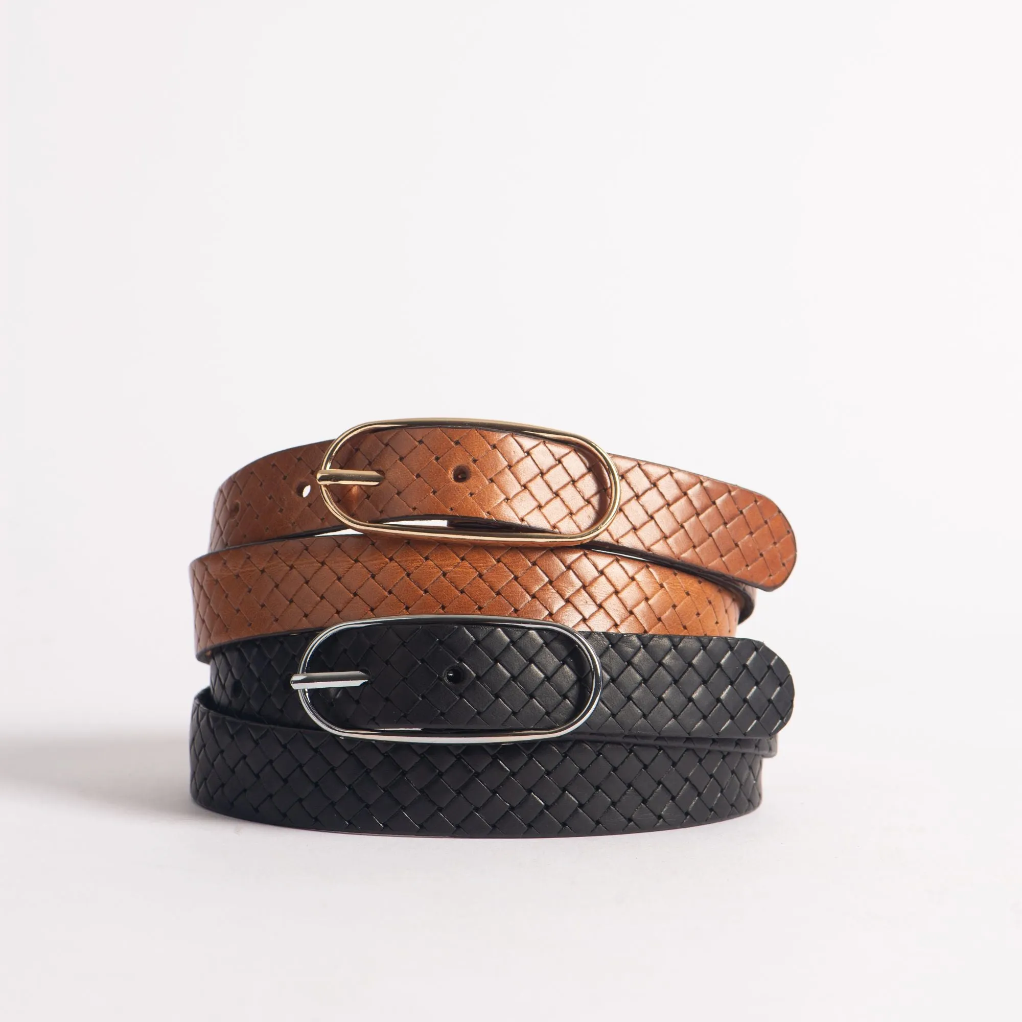 Aika - Tan Braided Embossed Leather Belt with Oval Buckle - Made in Canada