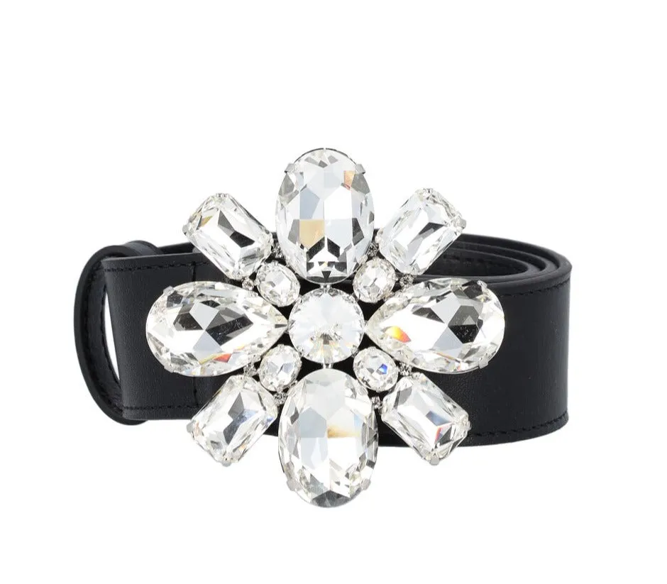 Alessandra Rich Crystal Flower Buckle Belt