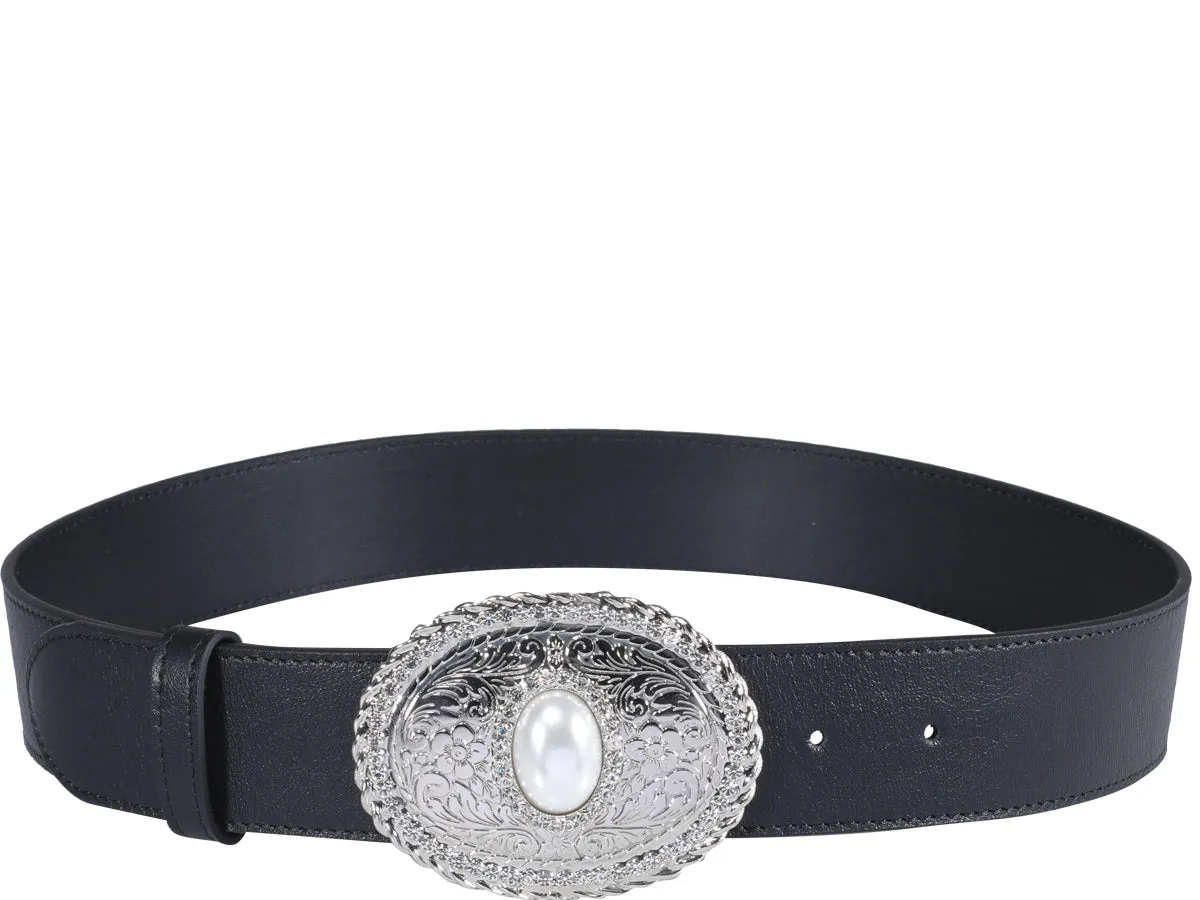 Alessandra Rich Pearl Embellished Oval Buckle Belt