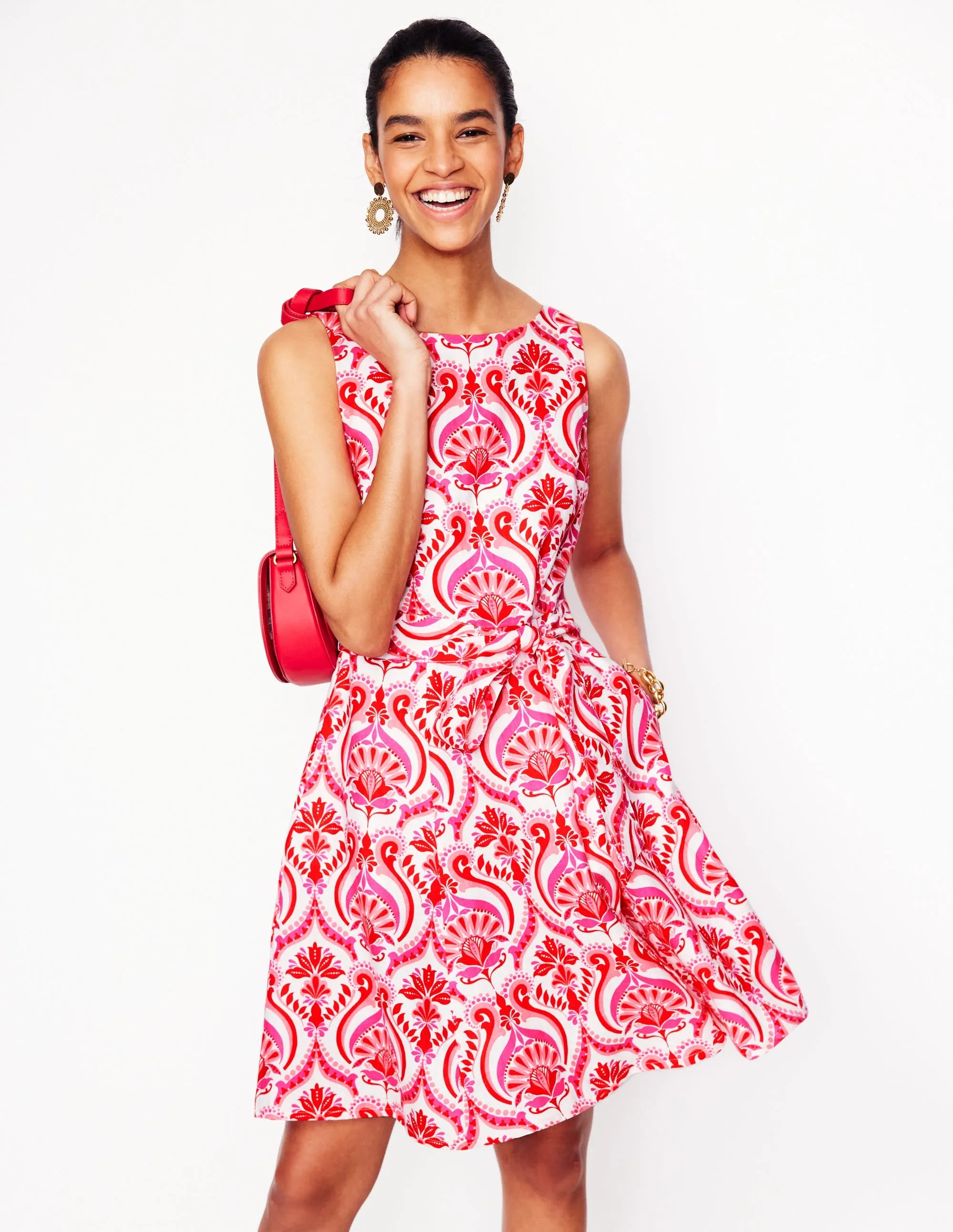 Anya Sleeveless Linen Dress-Poppy Red. Ornamental Floral
