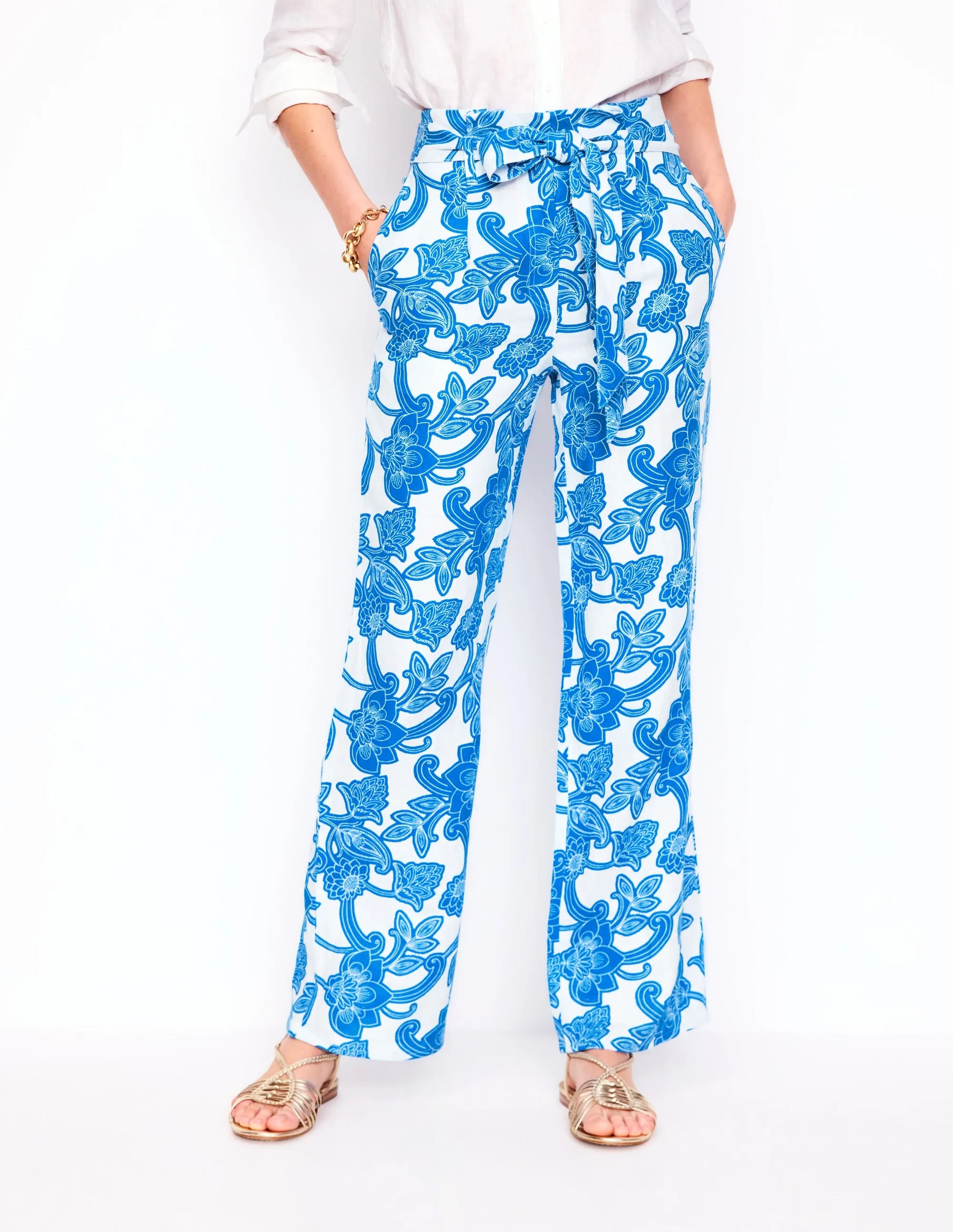 Belted Linen Trousers-Cerulean Blue. Paisley Whirl