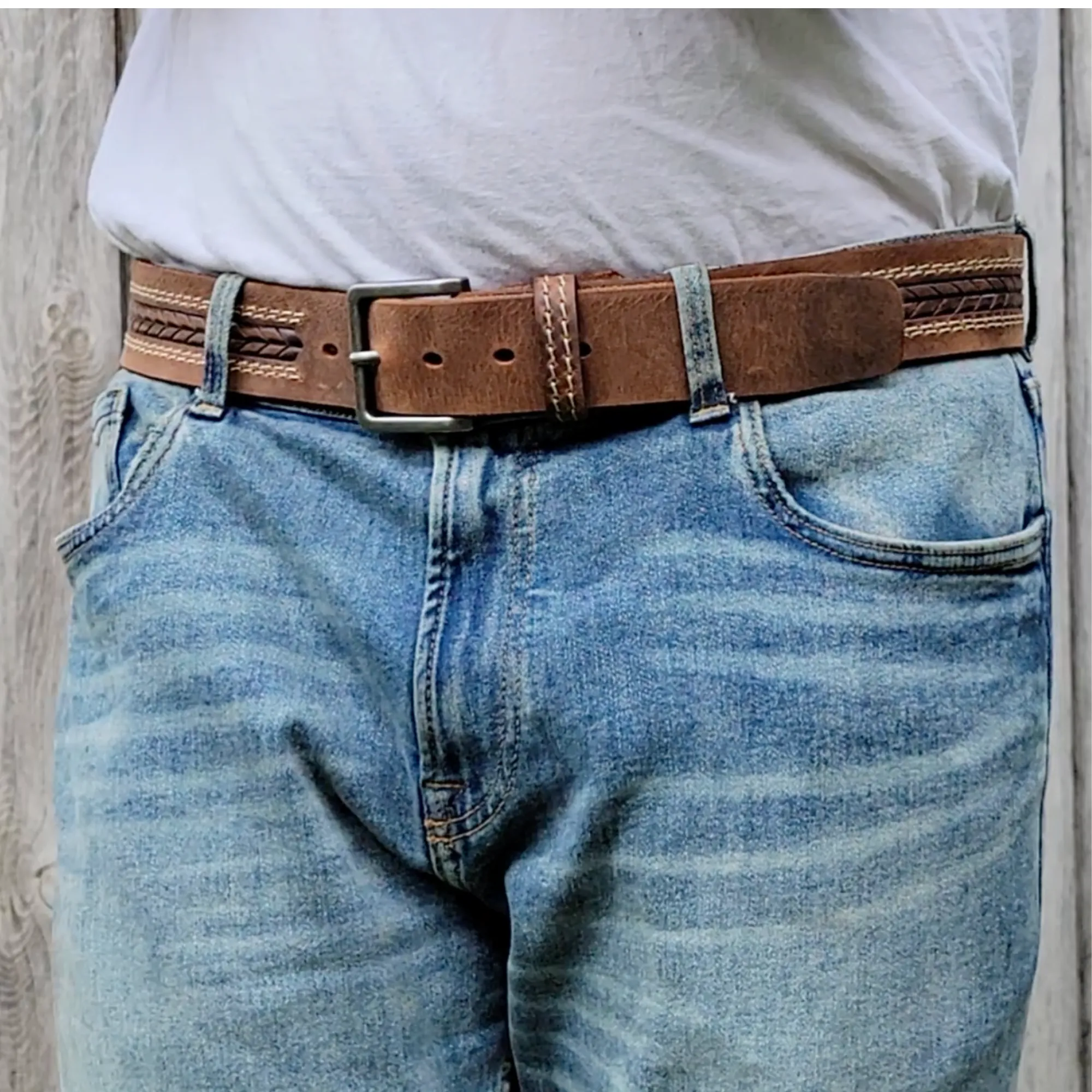 Brown Arrow Patterned 100% Real Distressed Leather Belt