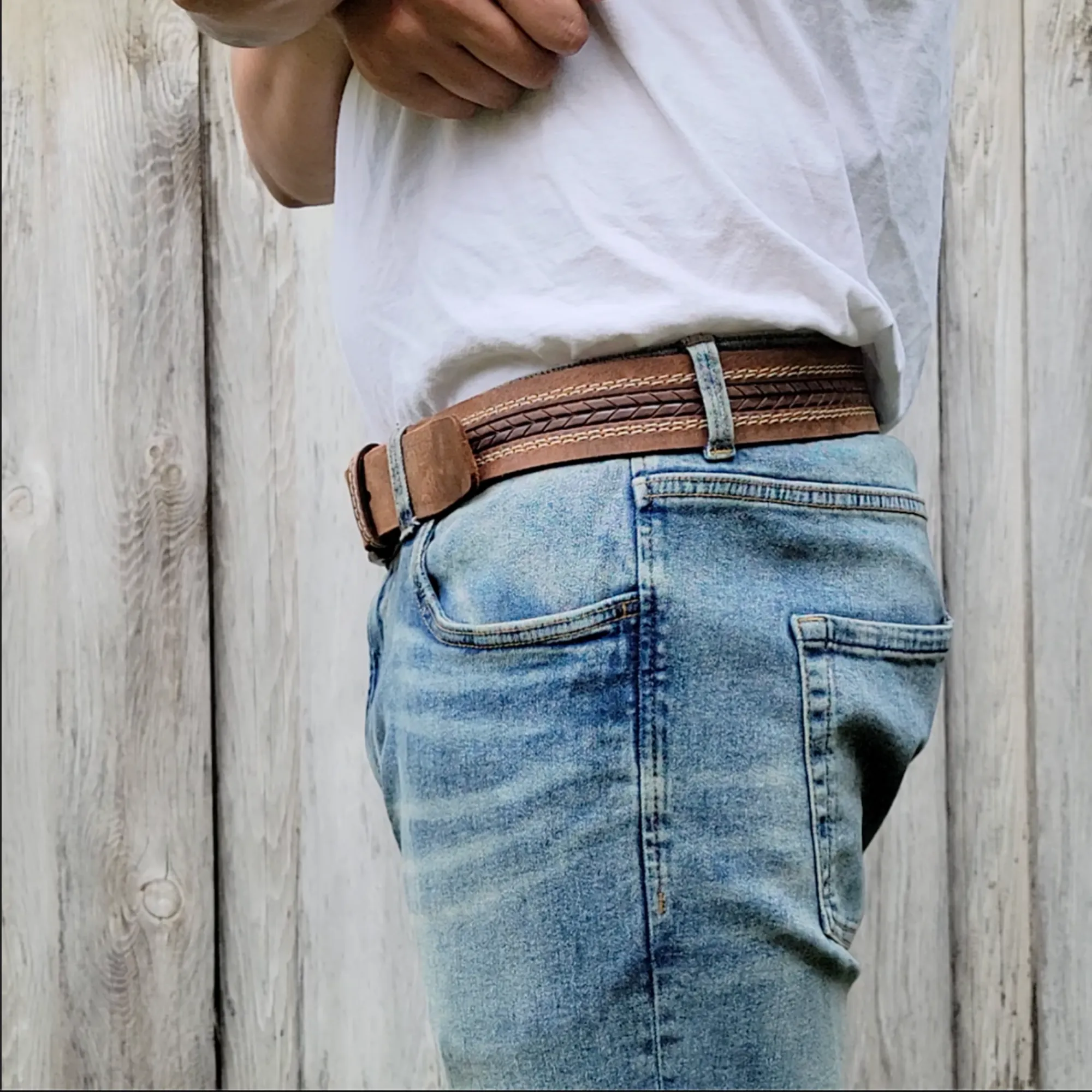 Brown Arrow Patterned 100% Real Distressed Leather Belt