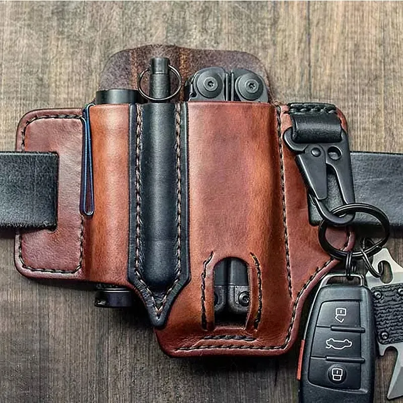 Men EDC Genuine Leather Multitool Flashlight Key Pen Organizer Gear Waist Belt Bag