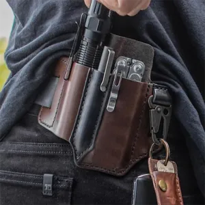 Men EDC Genuine Leather Multitool Flashlight Key Pen Organizer Gear Waist Belt Bag