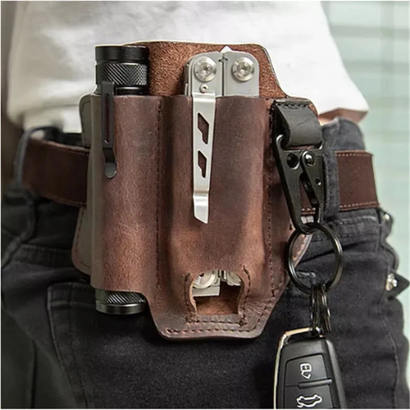 Men EDC Genuine Leather Multitool Flashlight Key Pen Organizer Gear Waist Belt Bag