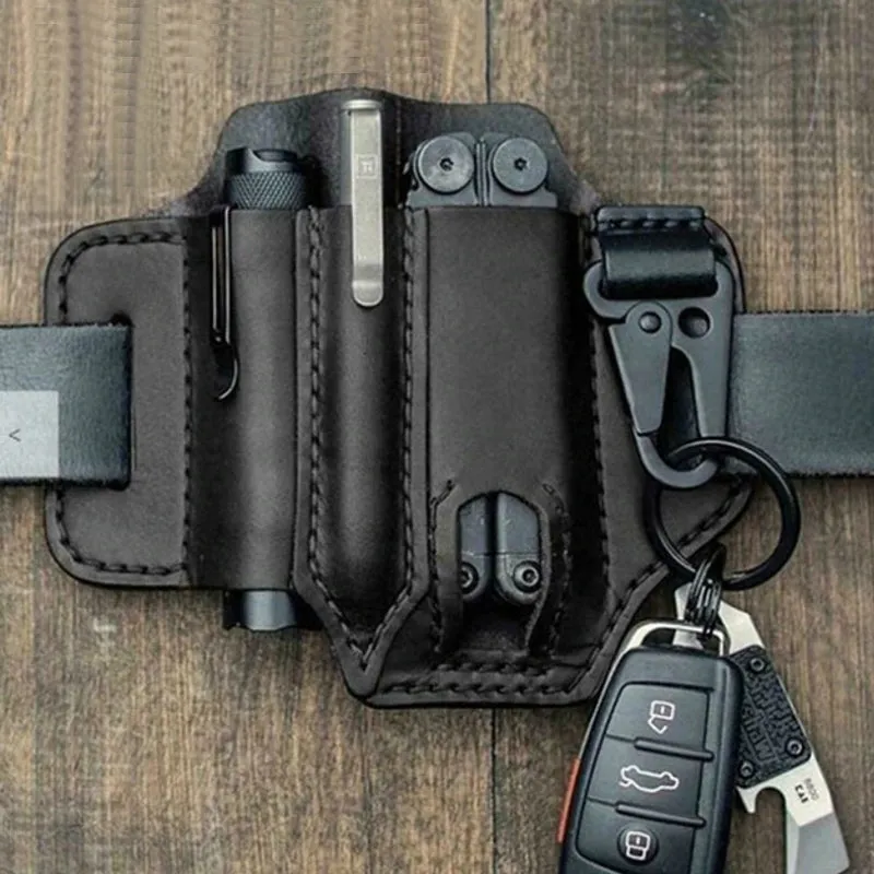 Men EDC Genuine Leather Multitool Flashlight Key Pen Organizer Gear Waist Belt Bag