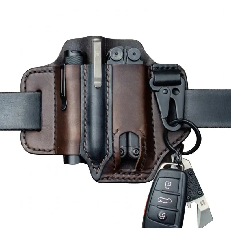 Men EDC Genuine Leather Multitool Flashlight Key Pen Organizer Gear Waist Belt Bag