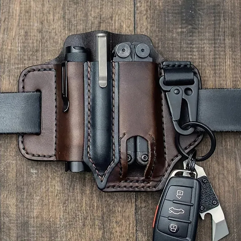 Men EDC Genuine Leather Multitool Flashlight Key Pen Organizer Gear Waist Belt Bag