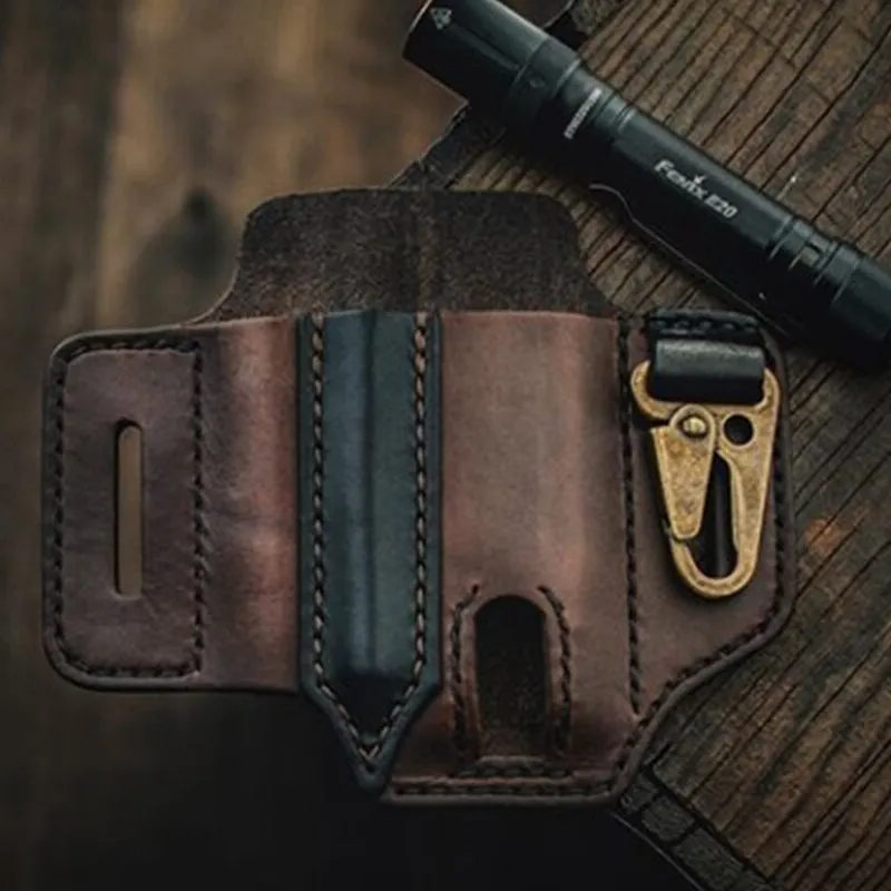 Men EDC Genuine Leather Multitool Flashlight Key Pen Organizer Gear Waist Belt Bag