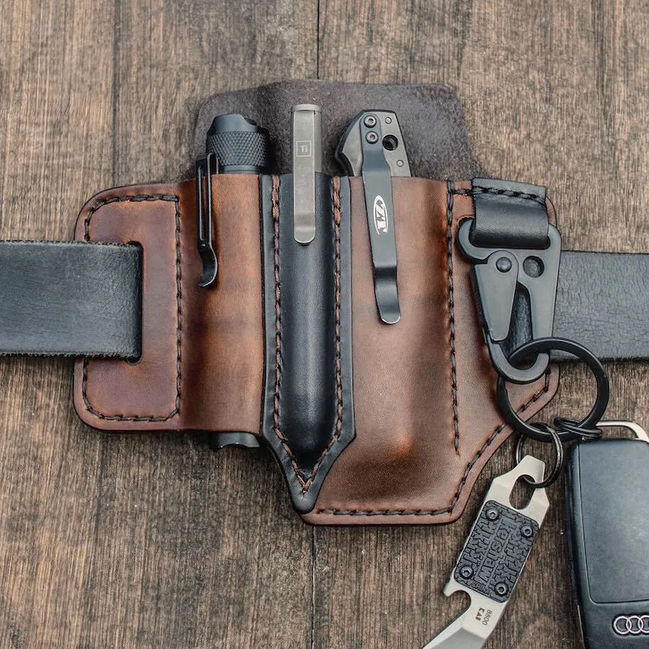 Men EDC Genuine Leather Multitool Flashlight Key Pen Organizer Gear Waist Belt Bag