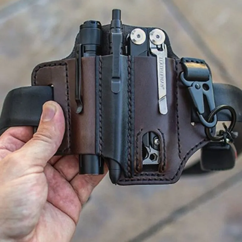 Men EDC Genuine Leather Multitool Flashlight Key Pen Organizer Gear Waist Belt Bag