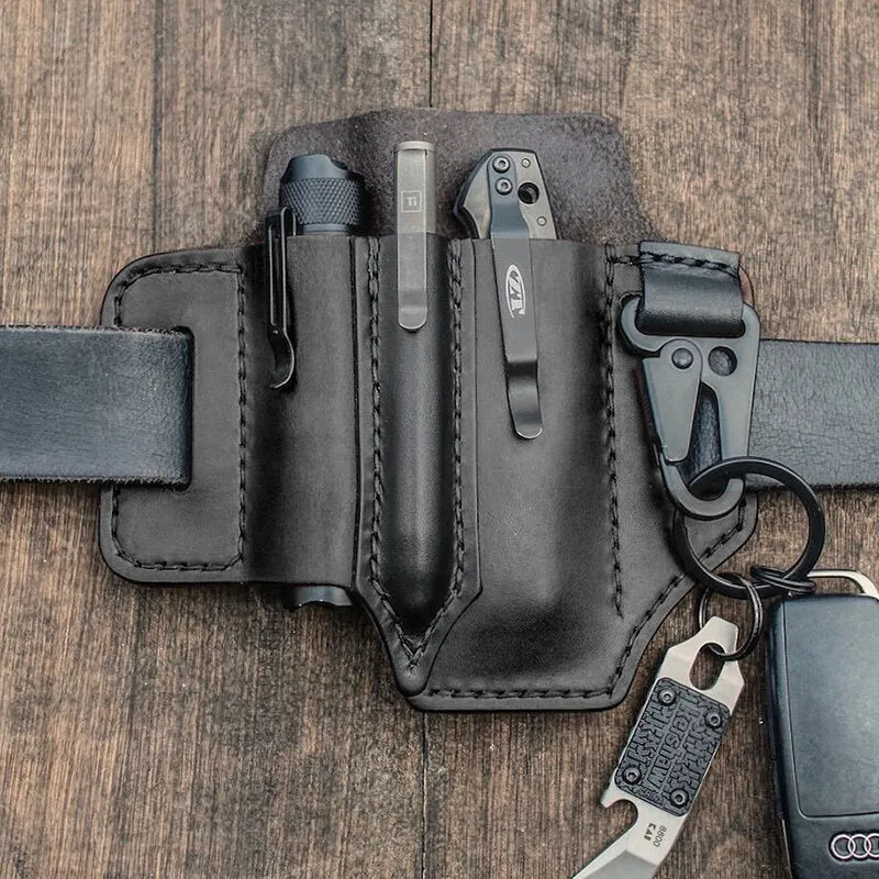Men EDC Genuine Leather Multitool Flashlight Key Pen Organizer Gear Waist Belt Bag