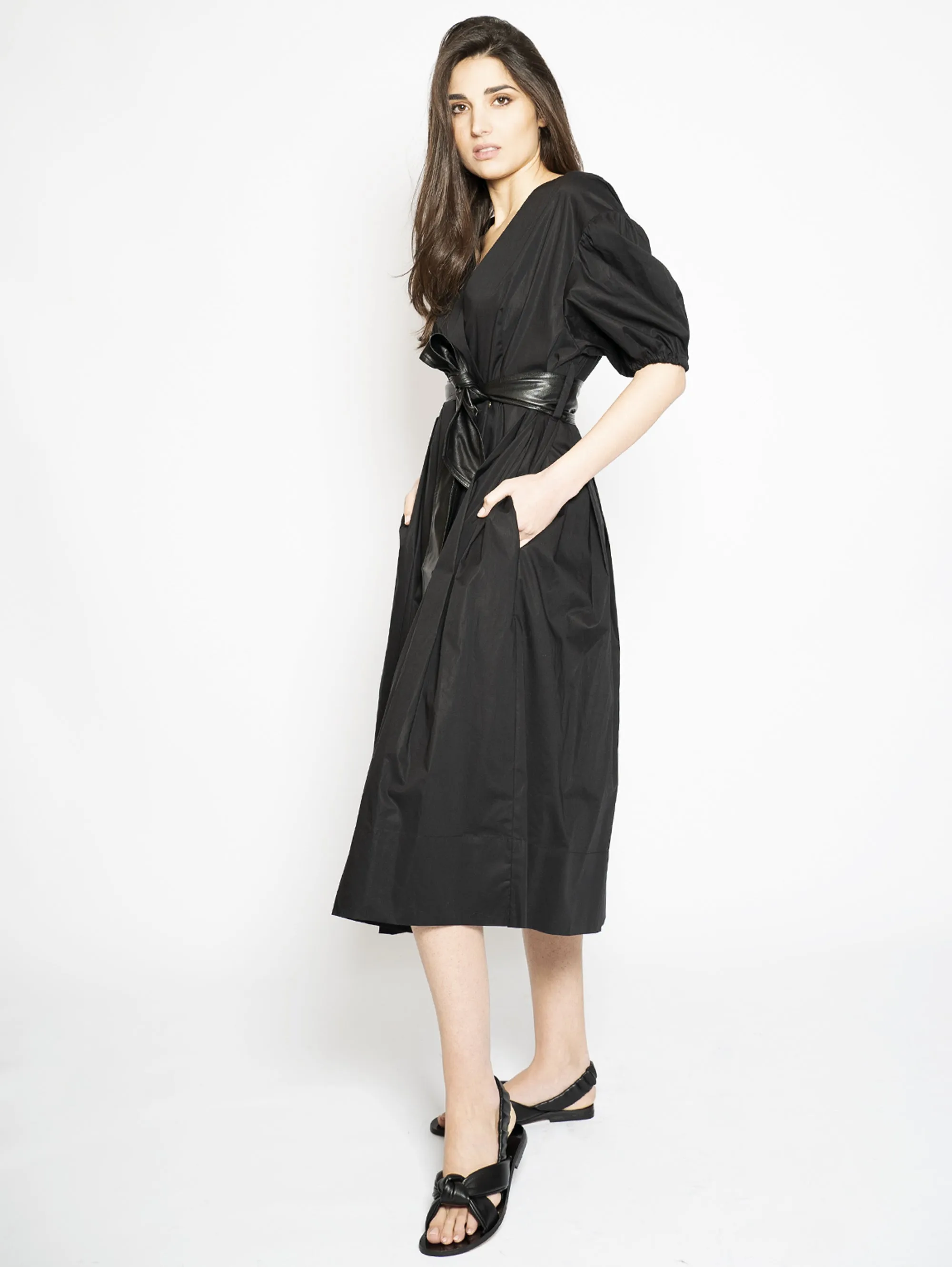 Poplin Dress with Black Belt
