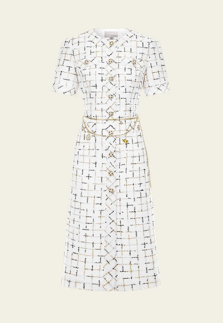 Prestige White Check Tweed Dress with Chain Belt