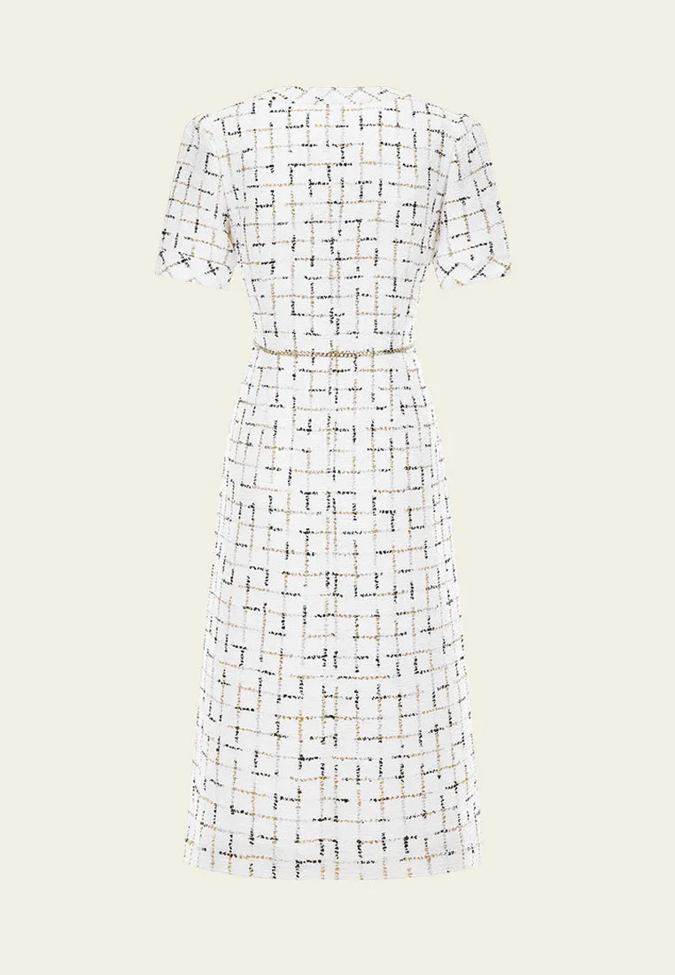 Prestige White Check Tweed Dress with Chain Belt