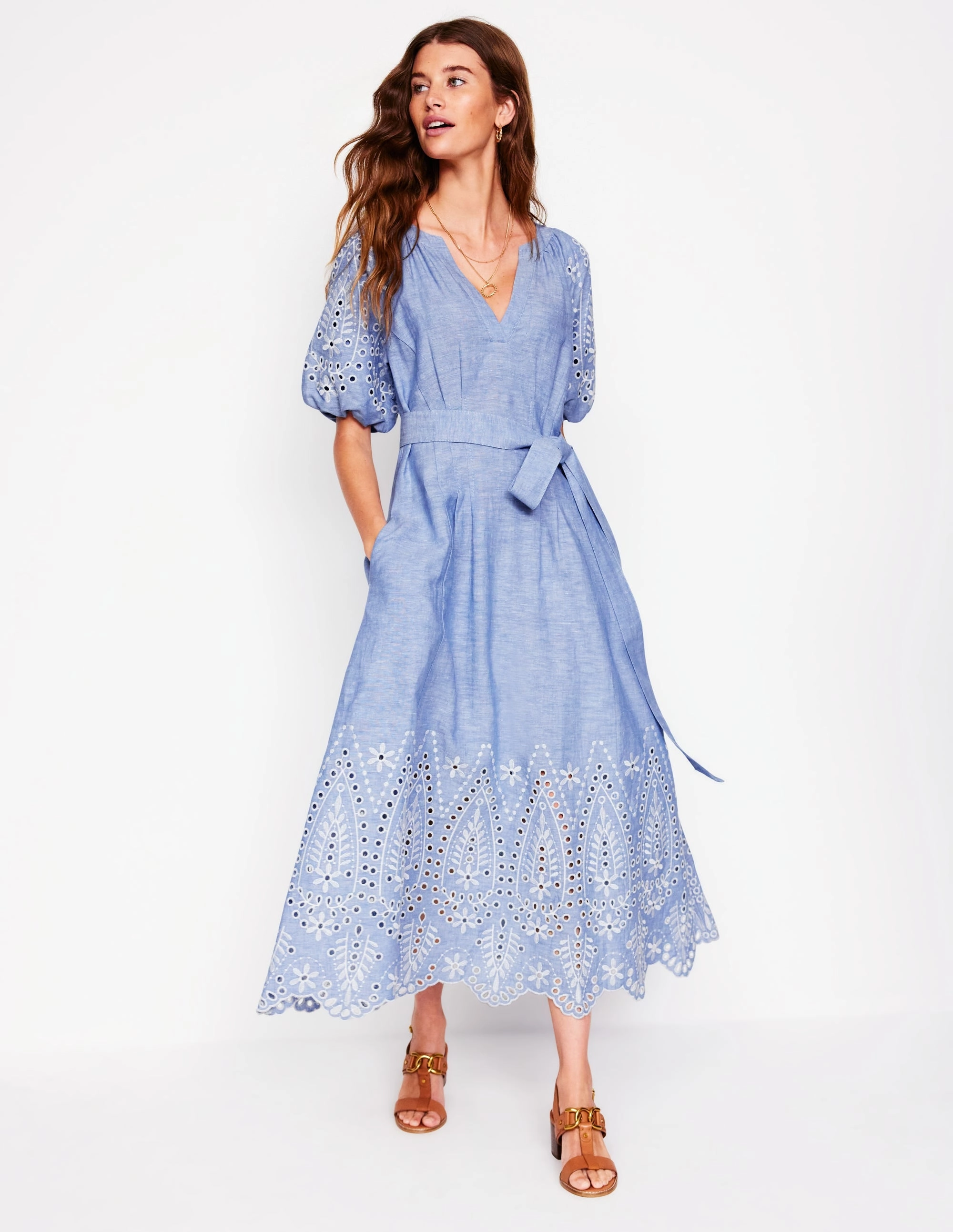 Puff Sleeve Embroidered Dress-Grey Blue Chambray