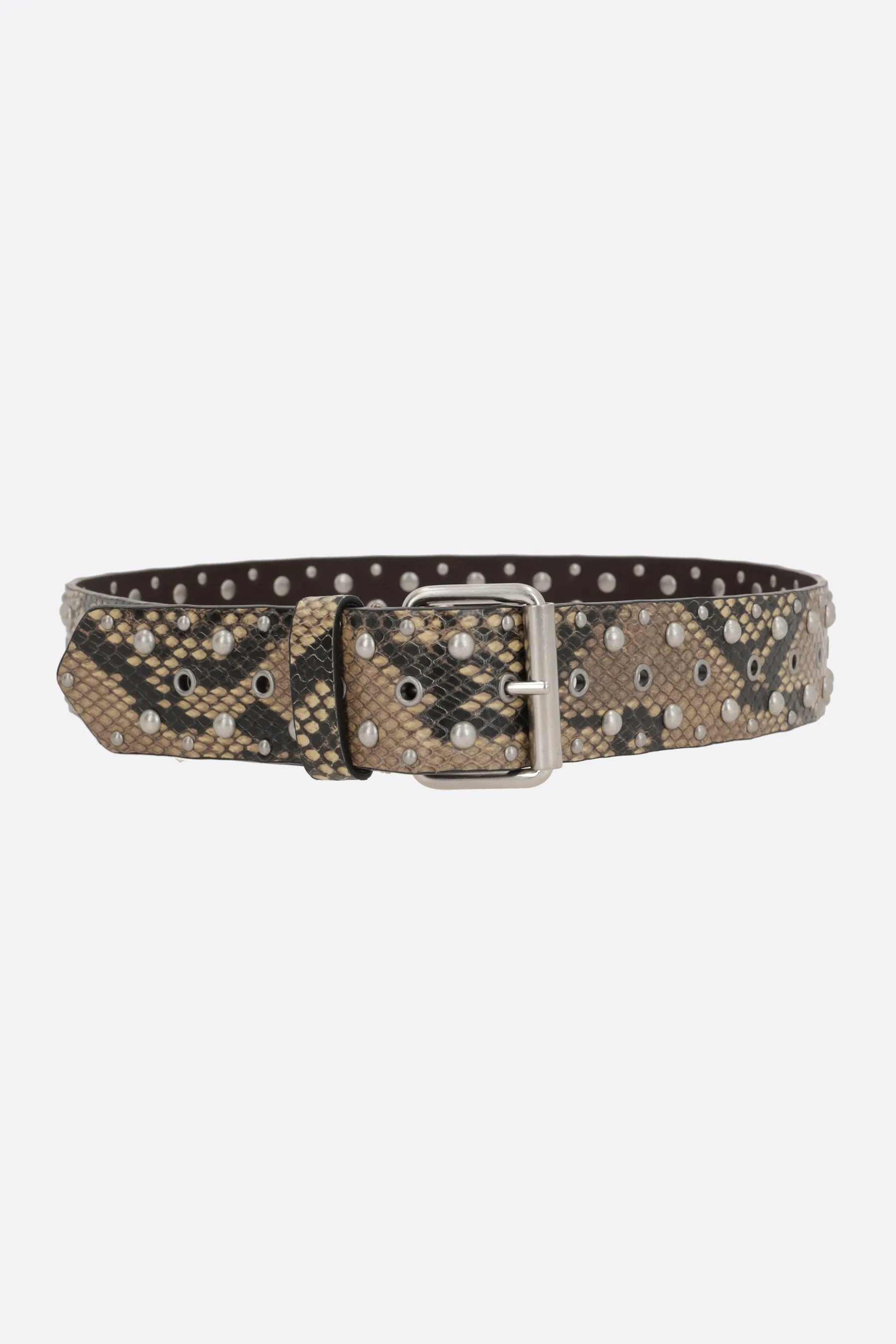 python-print leather belt with studs