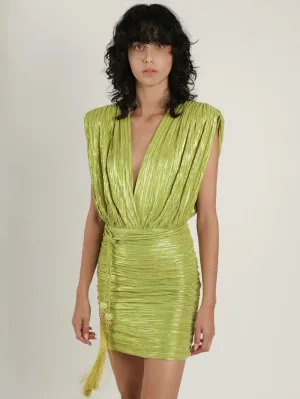 Short pleated dress in Lime Green Lurex