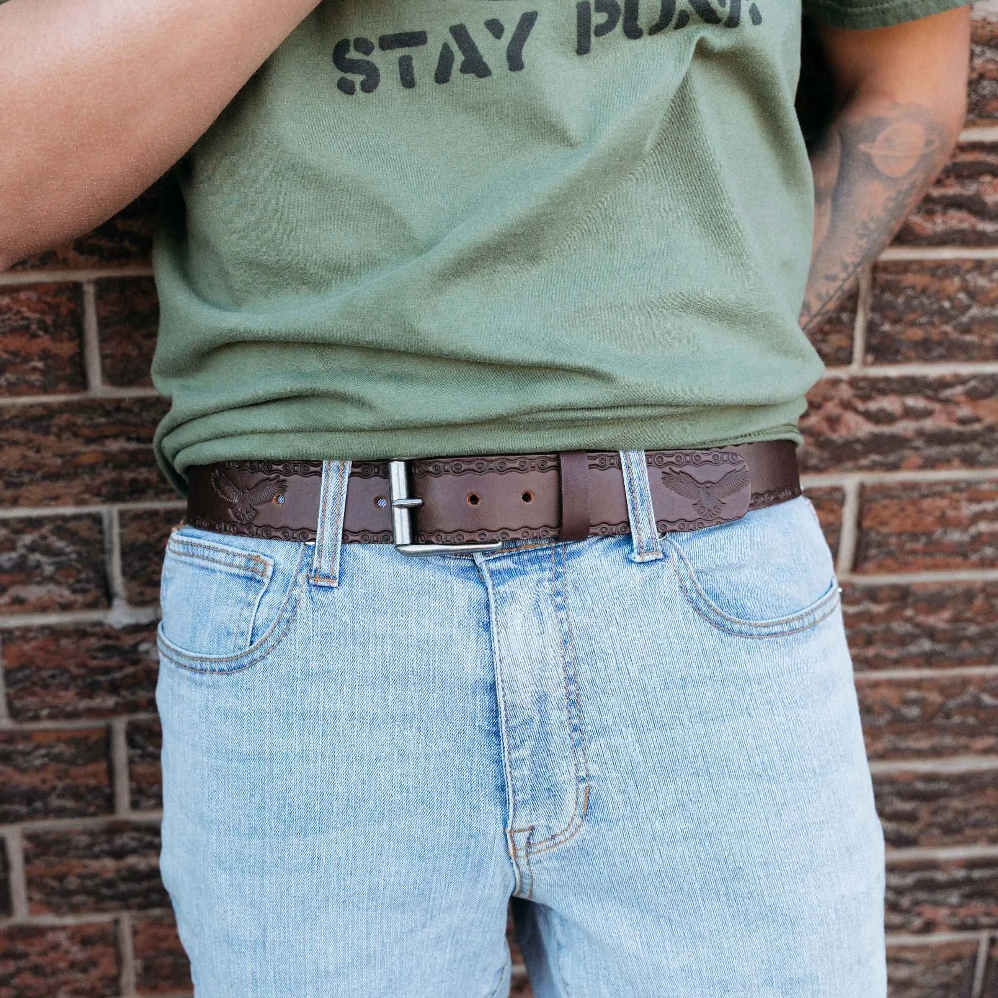 The Eagle Belt - Brown Embossed 100% Real Leather Belt Made in Canada